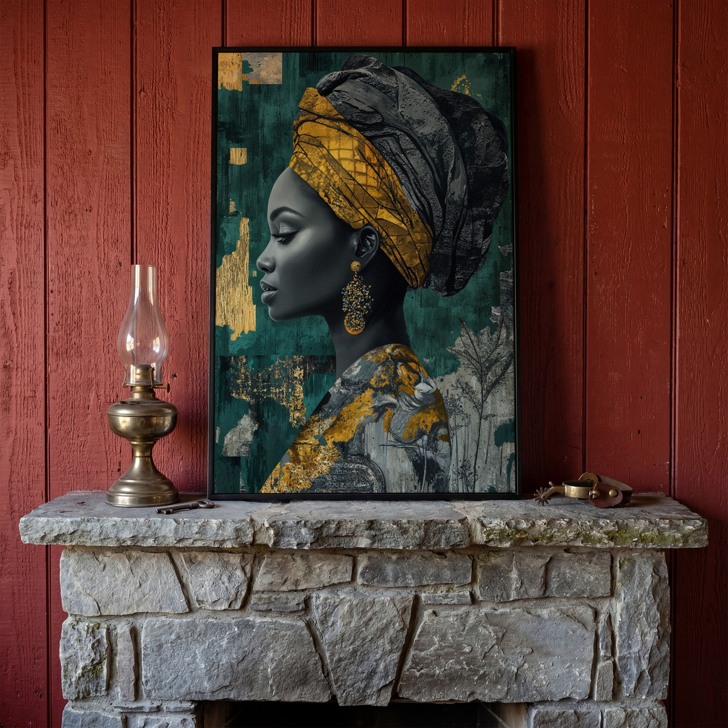 Abstract Fashion Portrait Canvas: African American Woman in Headwrap in black floating frame