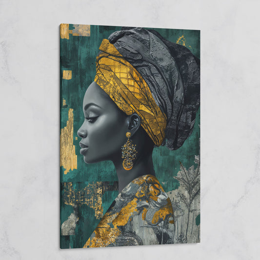 Abstract Fashion Portrait Canvas: African American Woman in Headwrap on gallery wrap