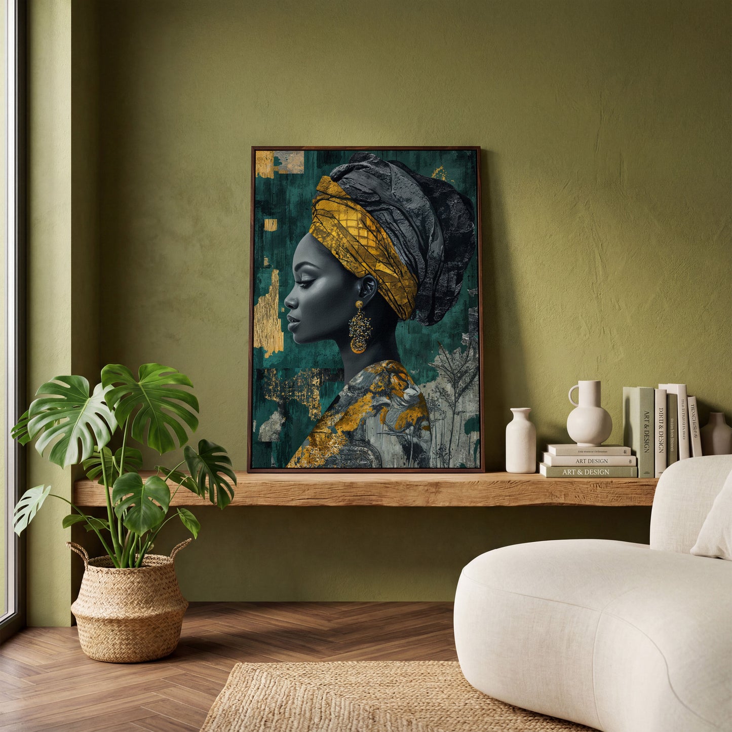 Abstract Fashion Portrait Canvas: African American Woman in Headwrap in dark walnut floating frame