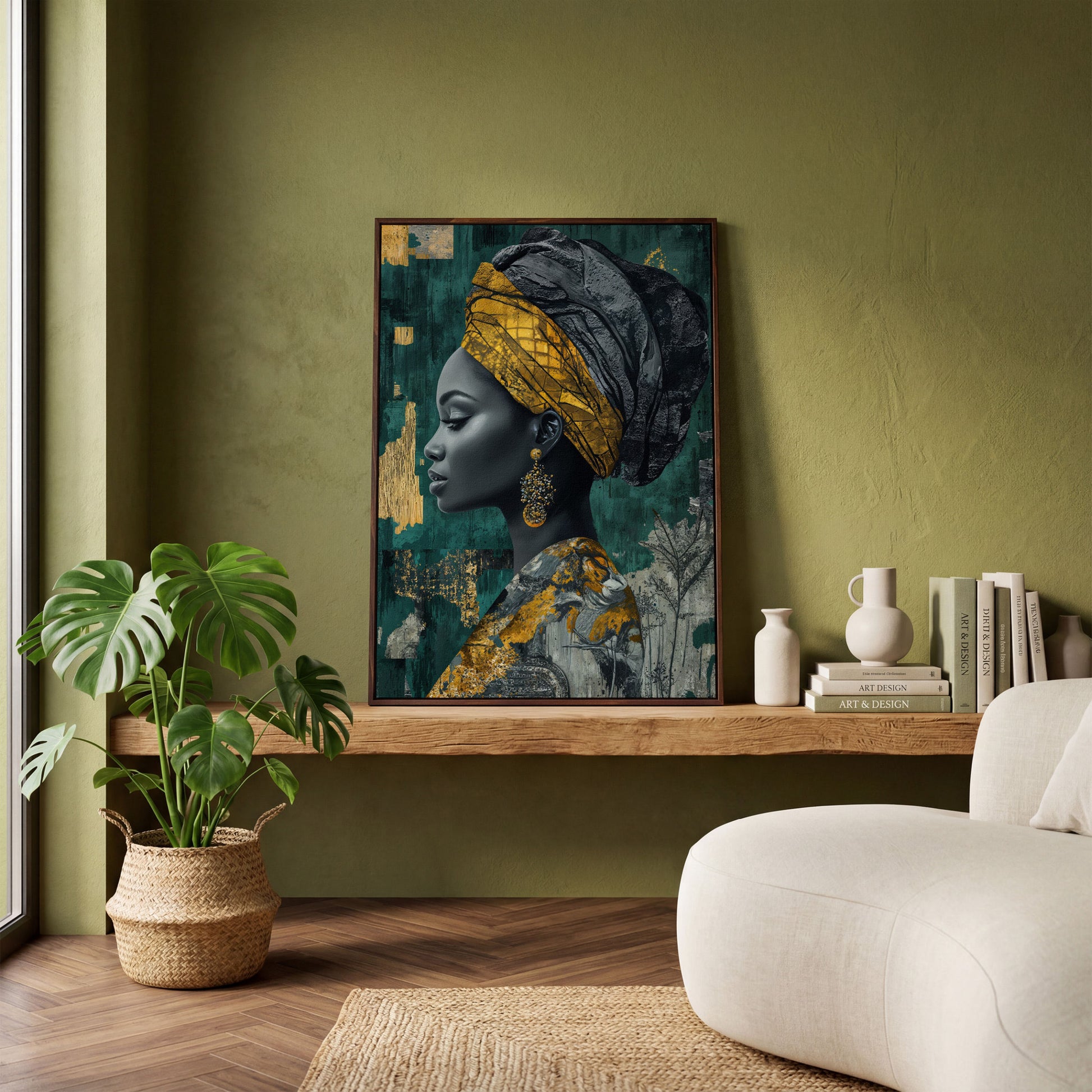 Abstract Fashion Portrait Canvas: African American Woman in Headwrap in dark walnut floating frame