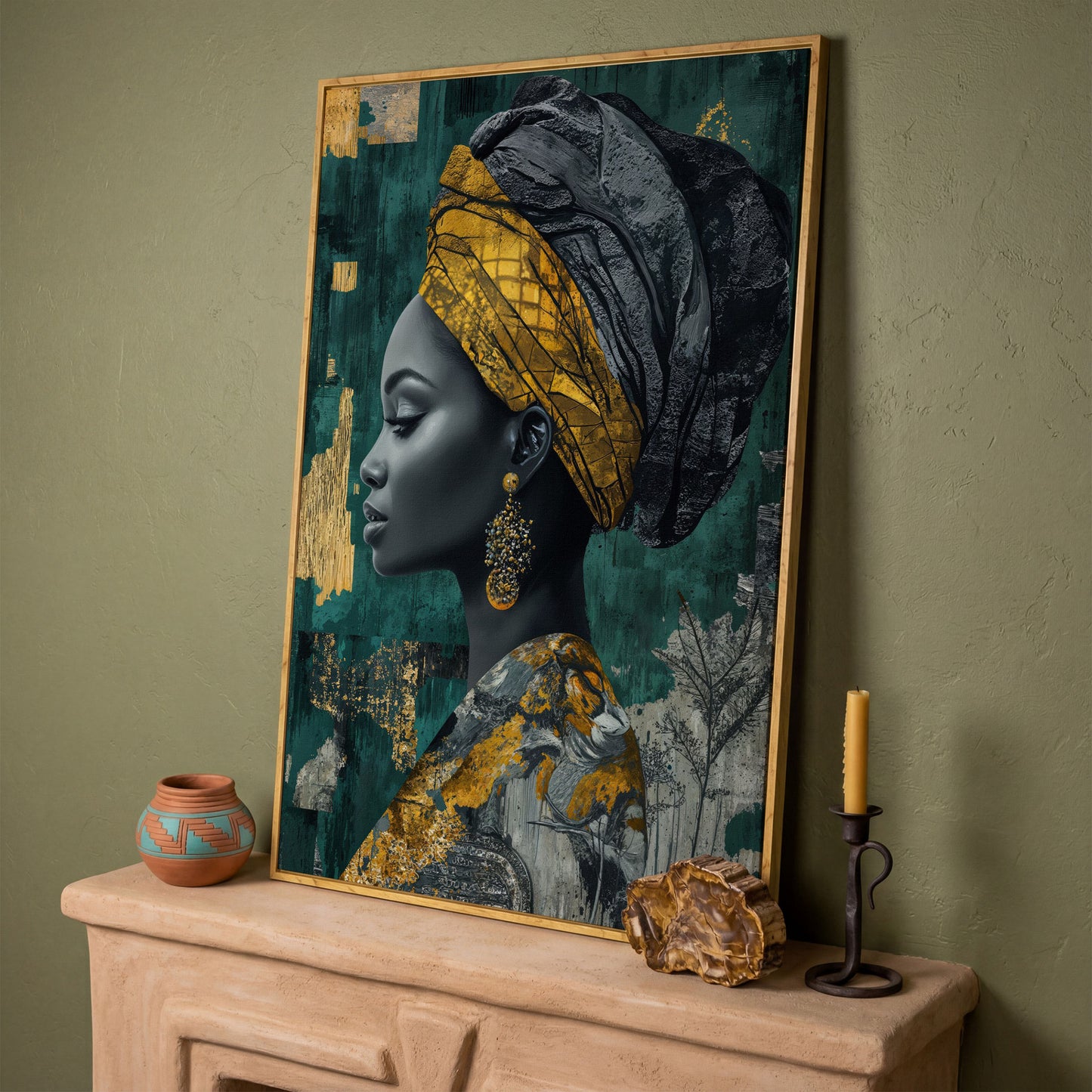 Abstract Fashion Portrait Canvas: African American Woman in Headwrap in white oak floating frame
