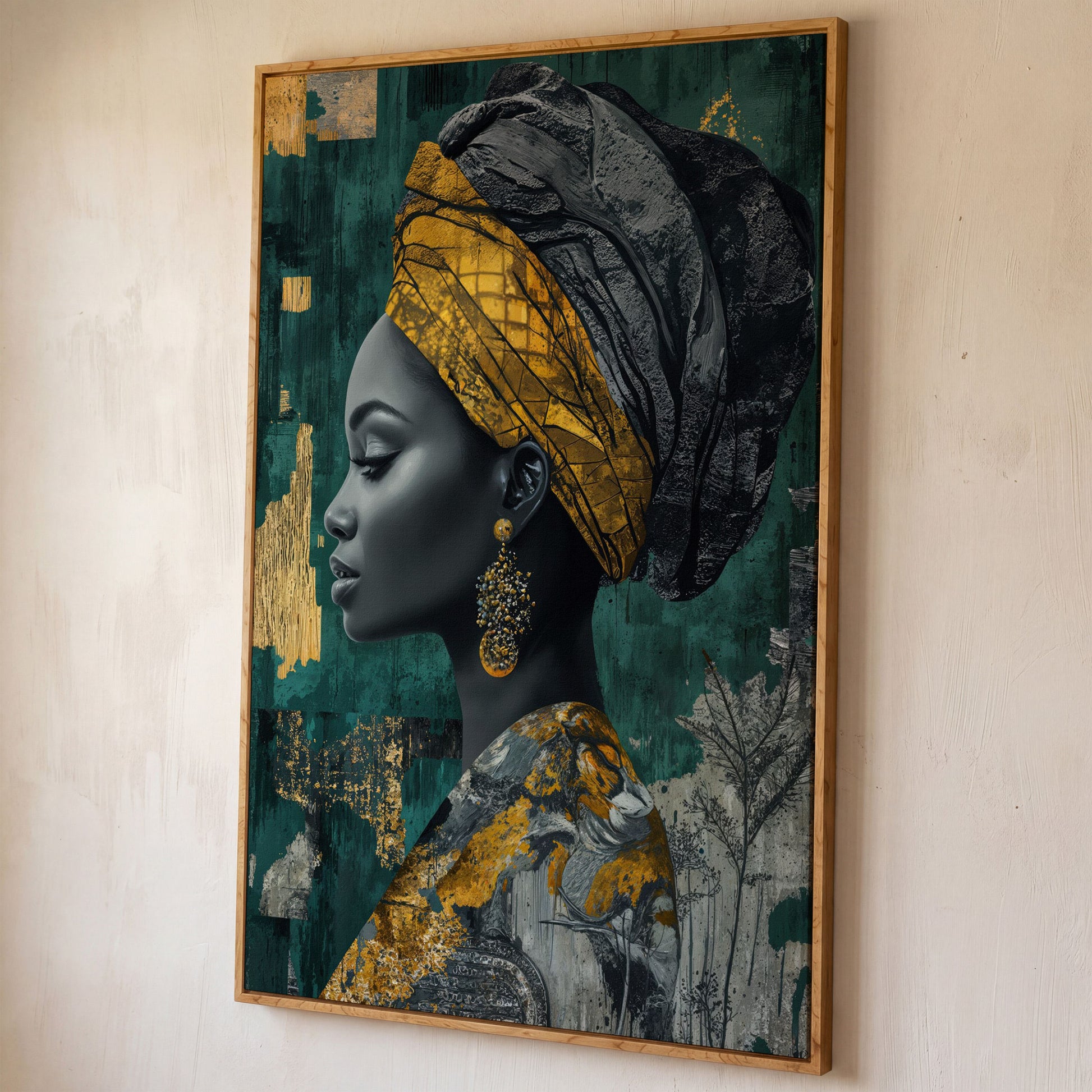 Abstract Fashion Portrait Canvas: African American Woman in Headwrap shown in white oak floating frame