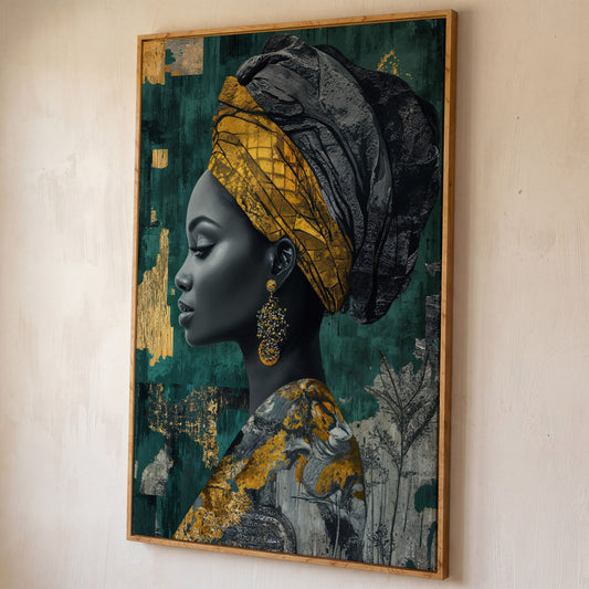 Abstract Fashion Portrait Canvas: African American Woman in Headwrap shown in white oak floating frame