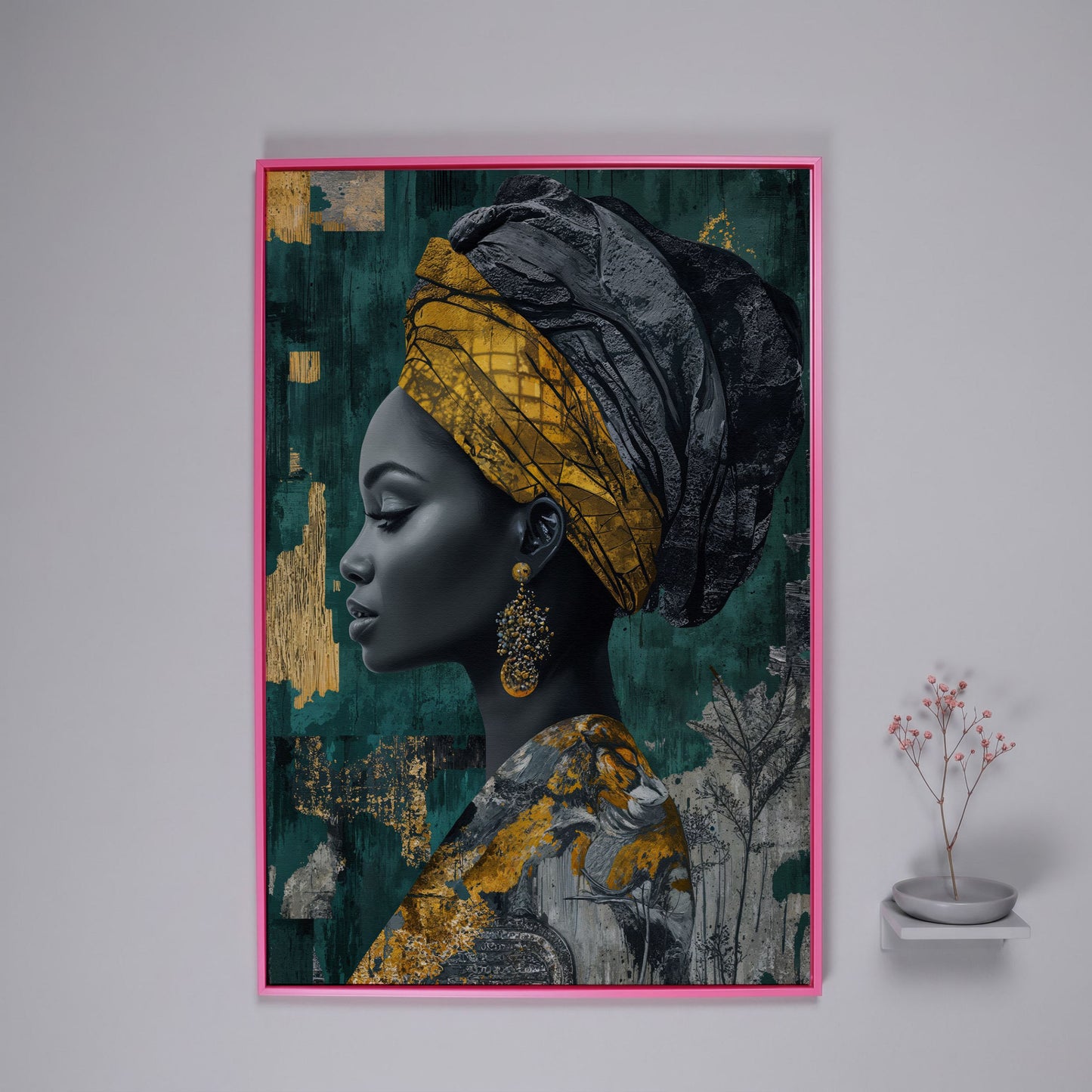 Abstract Fashion Portrait Canvas: African American Woman in Headwrap in pink floating frame