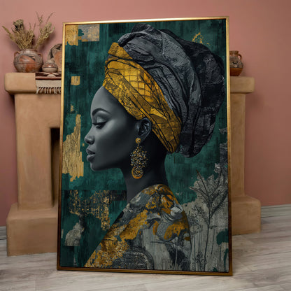Abstract Fashion Portrait Canvas: African American Woman in Headwrap in rose gold floating frame