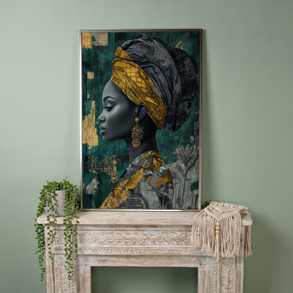 Abstract Fashion Portrait Canvas: African American Woman in Headwrap in silver floating frame