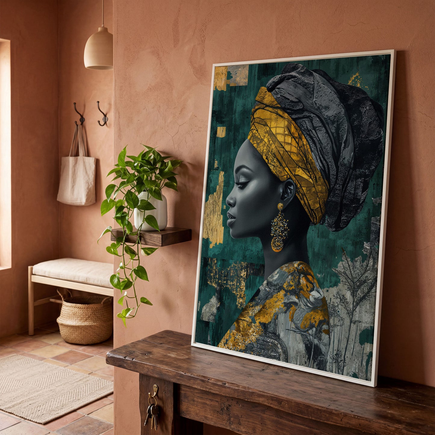 Abstract Fashion Portrait Canvas: African American Woman in Headwrap in white floating frame