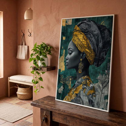 Abstract Fashion Portrait Canvas: African American Woman in Headwrap in white floating frame