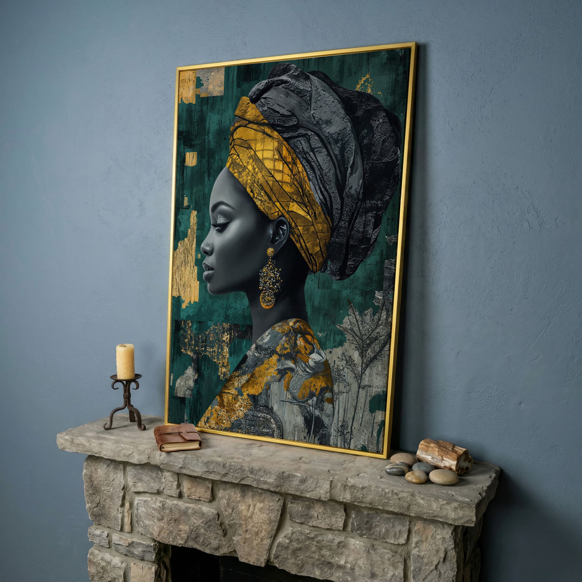 Abstract Fashion Portrait Canvas: African American Woman in Headwrap in yellow gold floating frame
