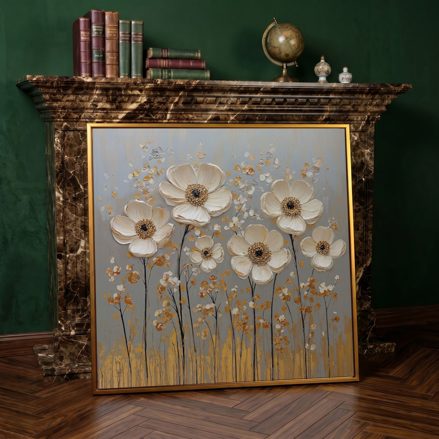 White Anemone Floral Still Life with Gold and Silver Accents canvas in antique gold floating frame
