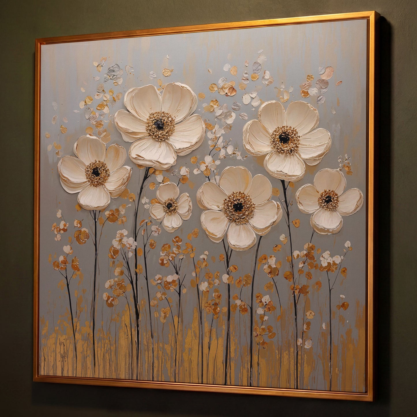 White Anemone Floral Still Life with Gold and Silver Accents canvas shown in antique gold floating frame