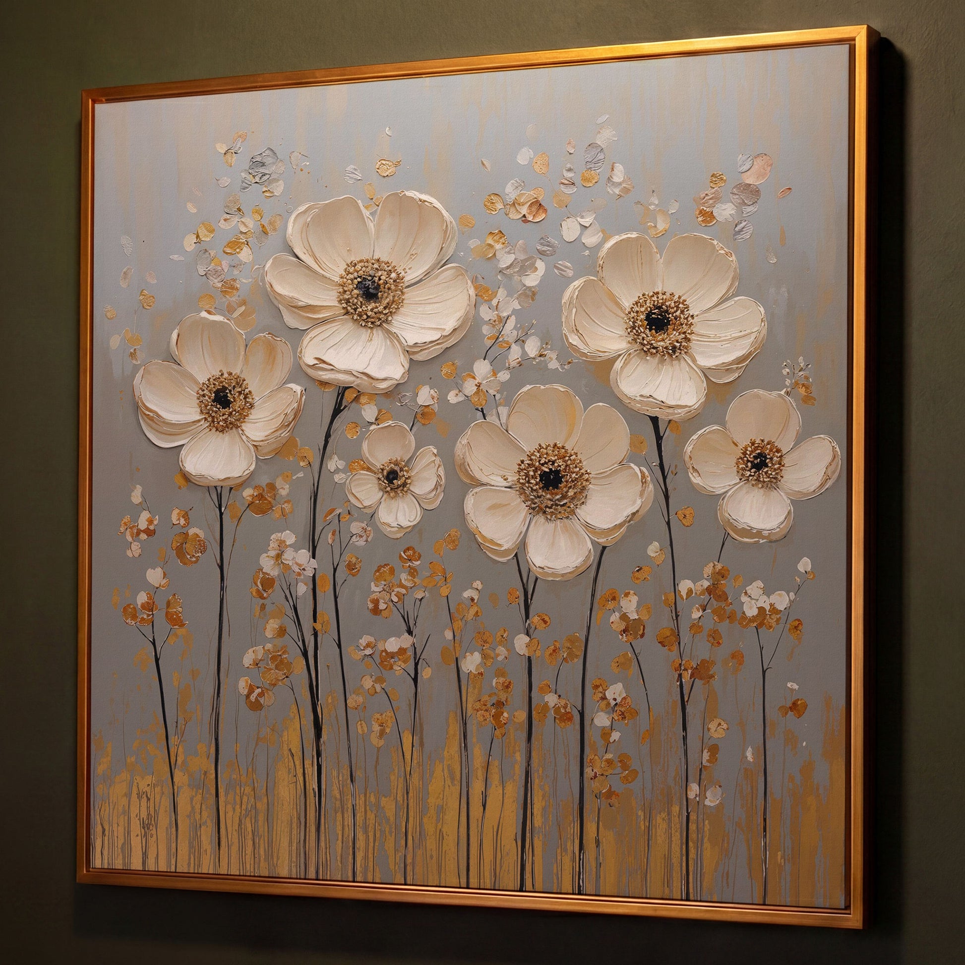 White Anemone Floral Still Life with Gold and Silver Accents canvas shown in antique gold floating frame