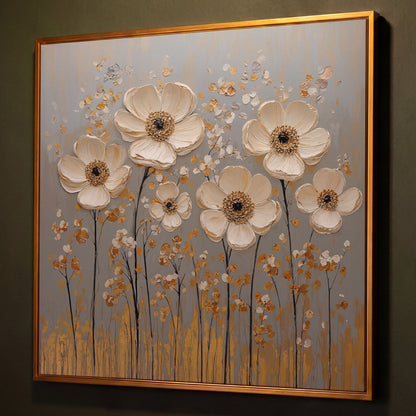 White Anemone Floral Still Life with Gold and Silver Accents canvas shown in antique gold floating frame