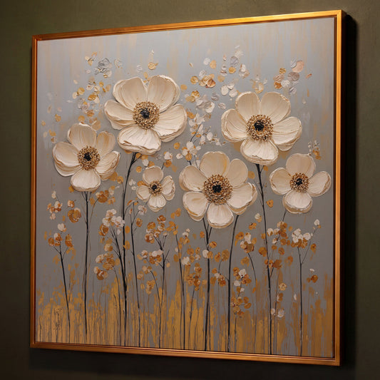 White Anemone Floral Still Life with Gold and Silver Accents canvas shown in antique gold floating frame