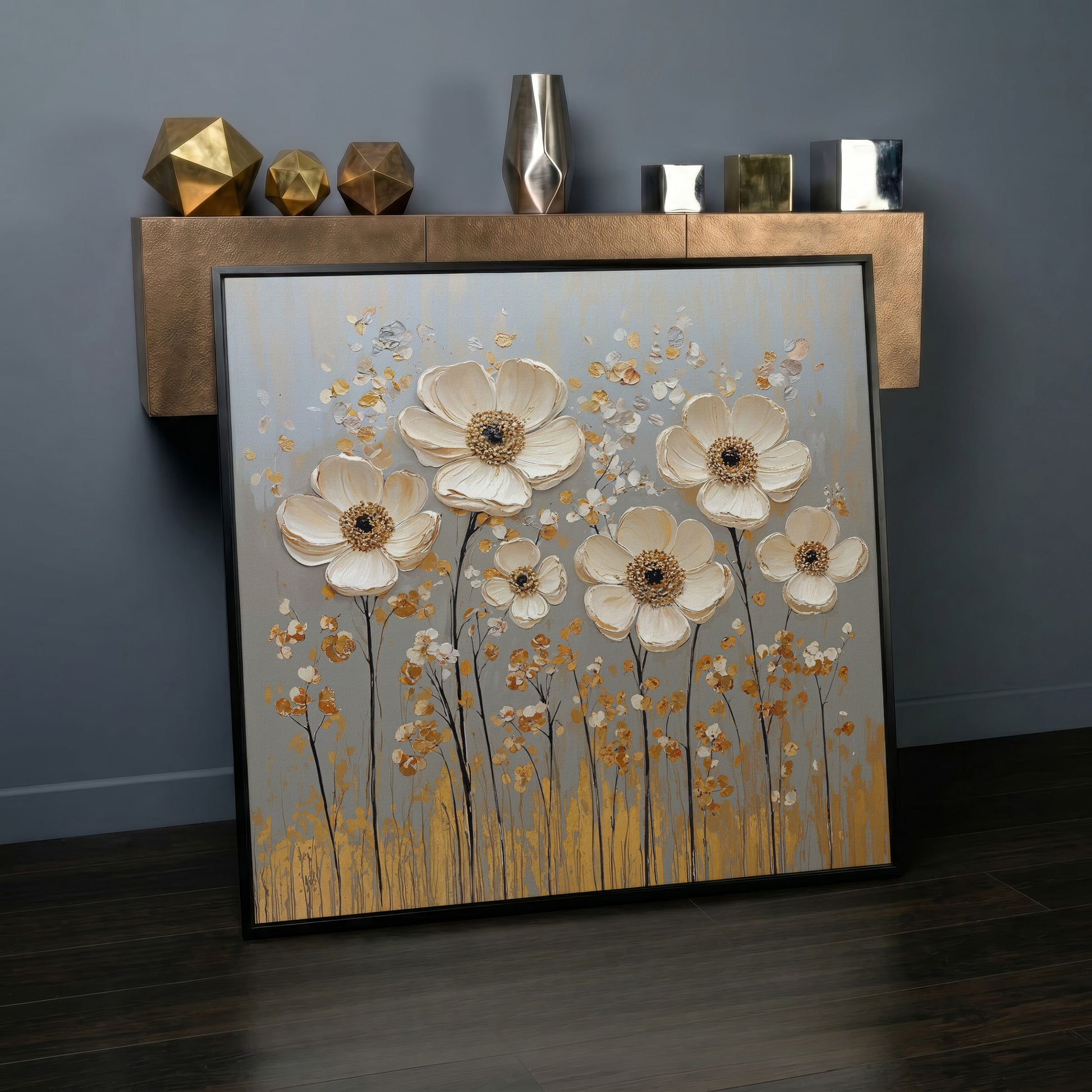 White Anemone Floral Still Life with Gold and Silver Accents canvas in black floating frame