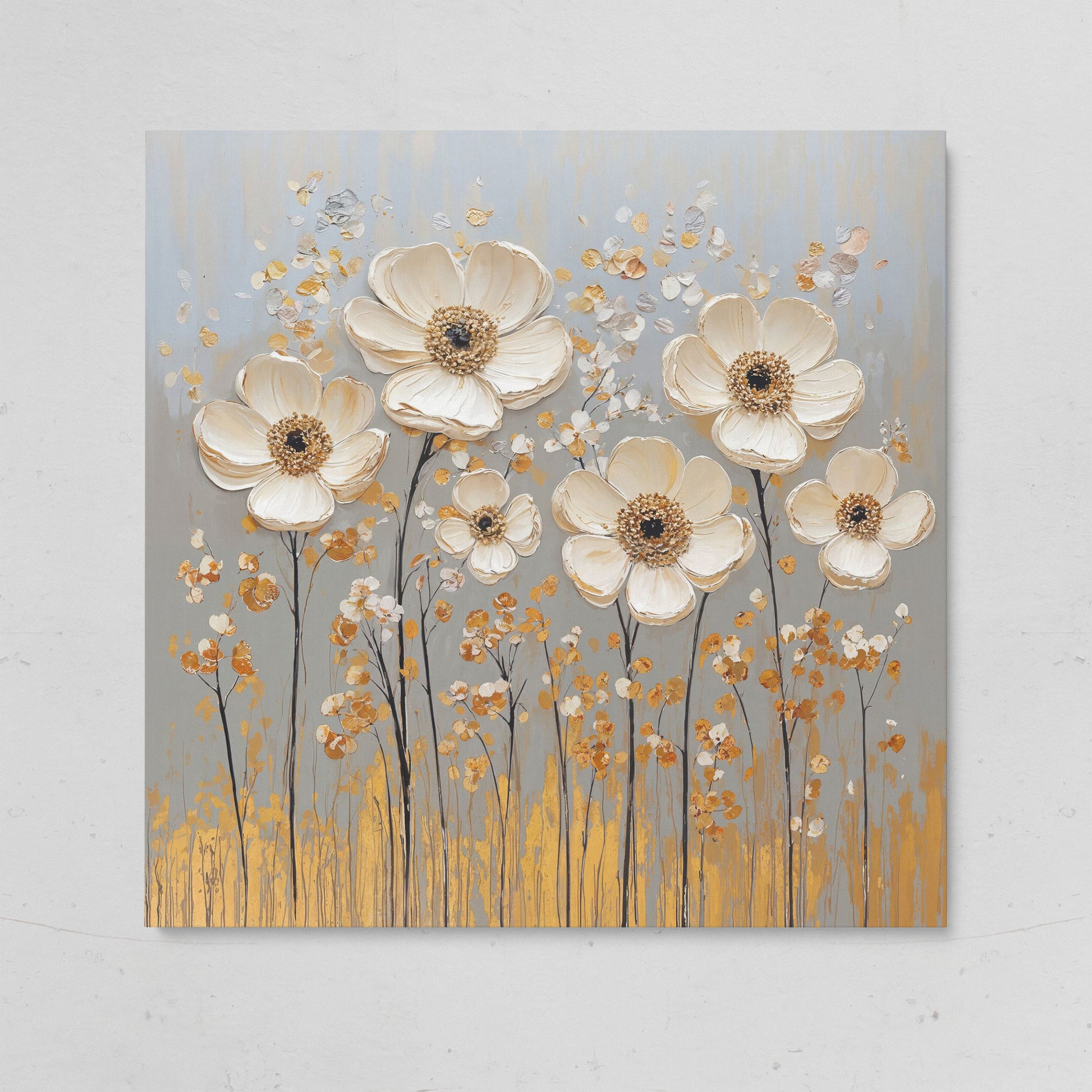 White Anemone Floral Still Life with Gold and Silver Accents on gallery wrap canvas
