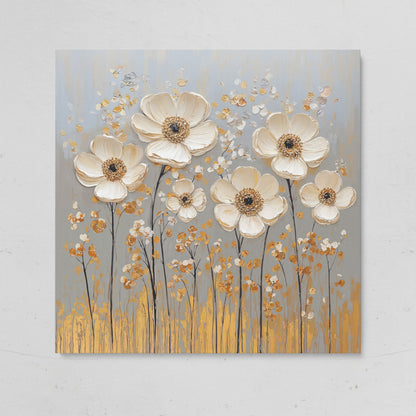 White Anemone Floral Still Life with Gold and Silver Accents on gallery wrap canvas