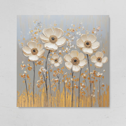 White Anemone Floral Still Life with Gold and Silver Accents on gallery wrap canvas