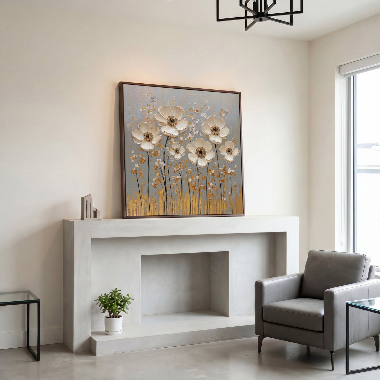 White Anemone Floral Still Life with Gold and Silver Accents canvas in dark walnut floating frame