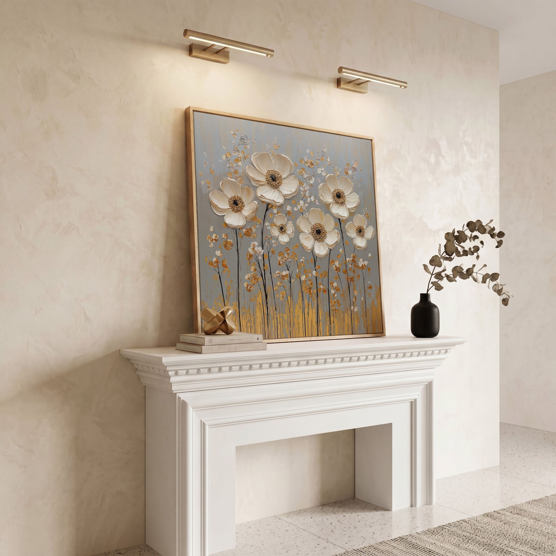 White Anemone Floral Still Life with Gold and Silver Accents canvas in white oak floating frame