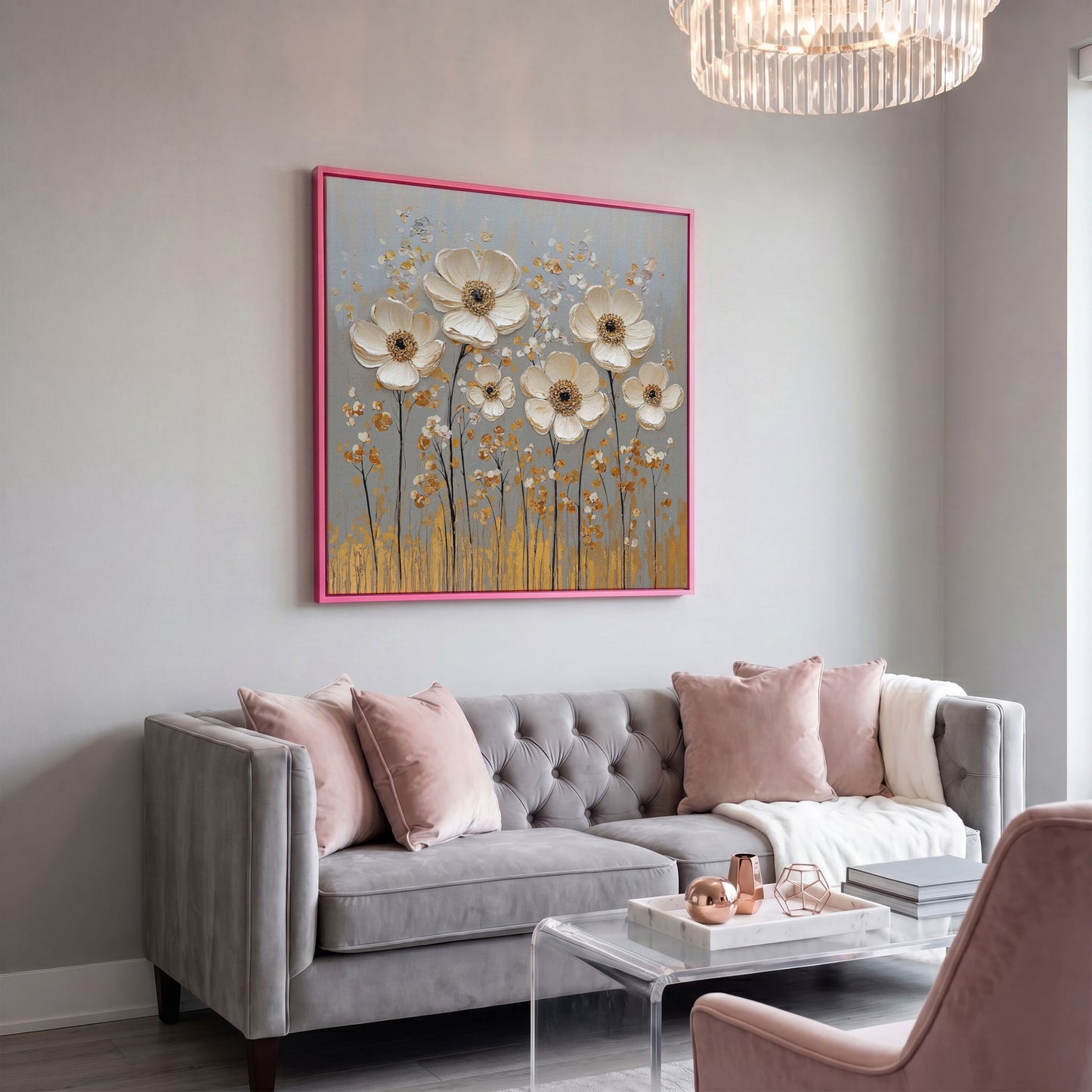 White Anemone Floral Still Life with Gold and Silver Accents canvas in pink floating frame