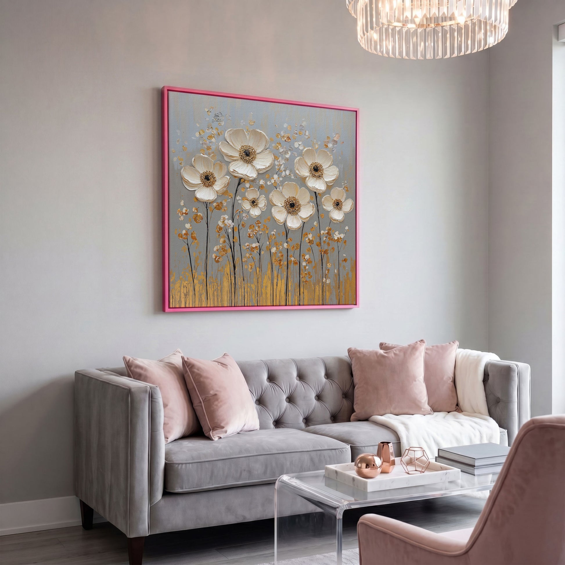 White Anemone Floral Still Life with Gold and Silver Accents canvas in pink floating frame