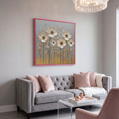 White Anemone Floral Still Life with Gold and Silver Accents canvas in pink floating frame