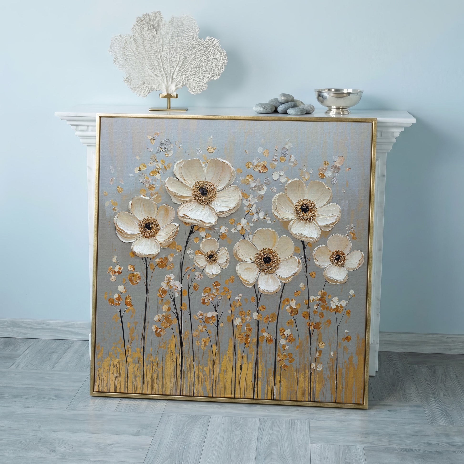 White Anemone Floral Still Life with Gold and Silver Accents canvas in rose gold floating frame