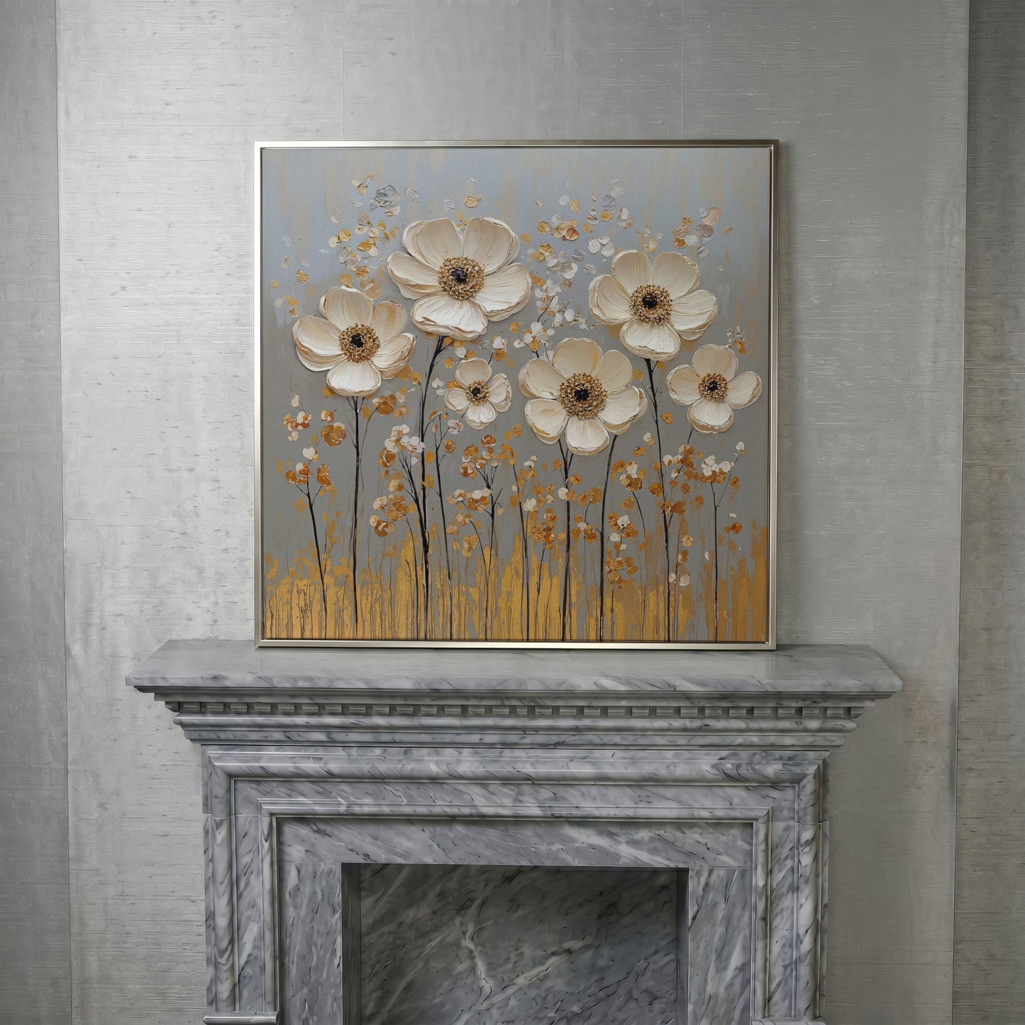 White Anemone Floral Still Life with Gold and Silver Accents canvas in silver floating frame