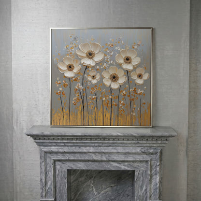 White Anemone Floral Still Life with Gold and Silver Accents canvas in silver floating frame