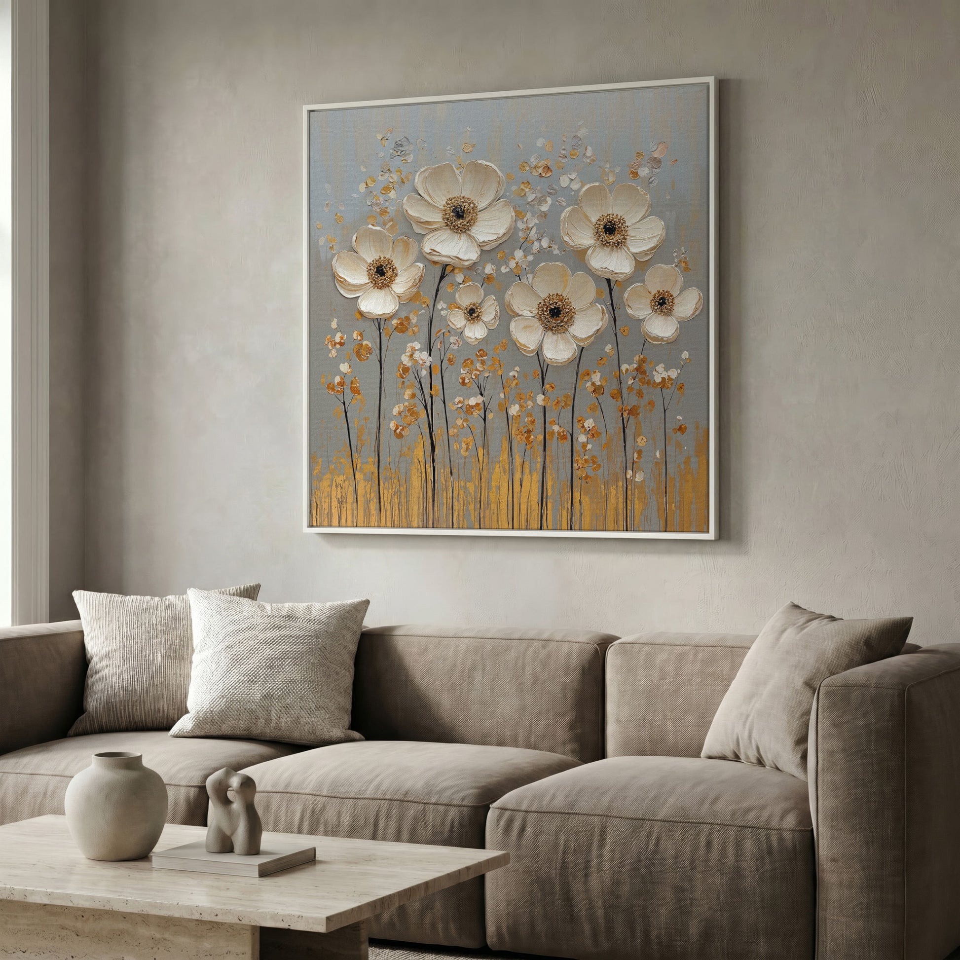 White Anemone Floral Still Life with Gold and Silver Accents canvas in white floating frame