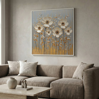 White Anemone Floral Still Life with Gold and Silver Accents canvas in white floating frame