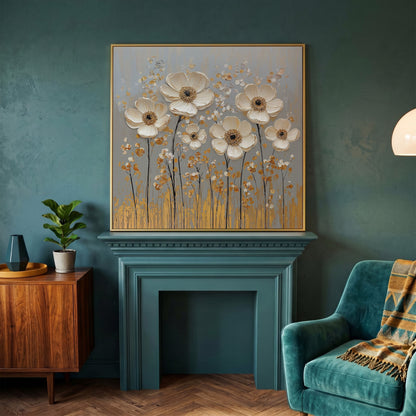 White Anemone Floral Still Life with Gold and Silver Accents canvas in yellow gold floating frame