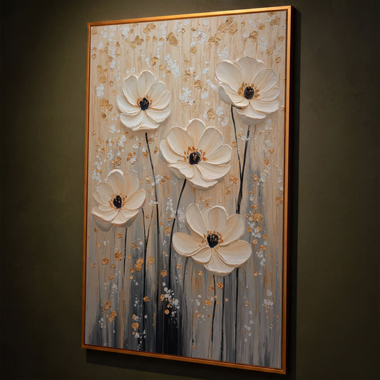 Five Textured Blooms Floral Art in Beige and Gray canvas shown in antique gold floating frame