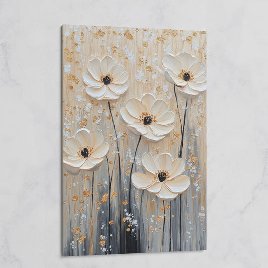 Five Textured Blooms Floral Art in Beige and Gray on gallery wrap canvas