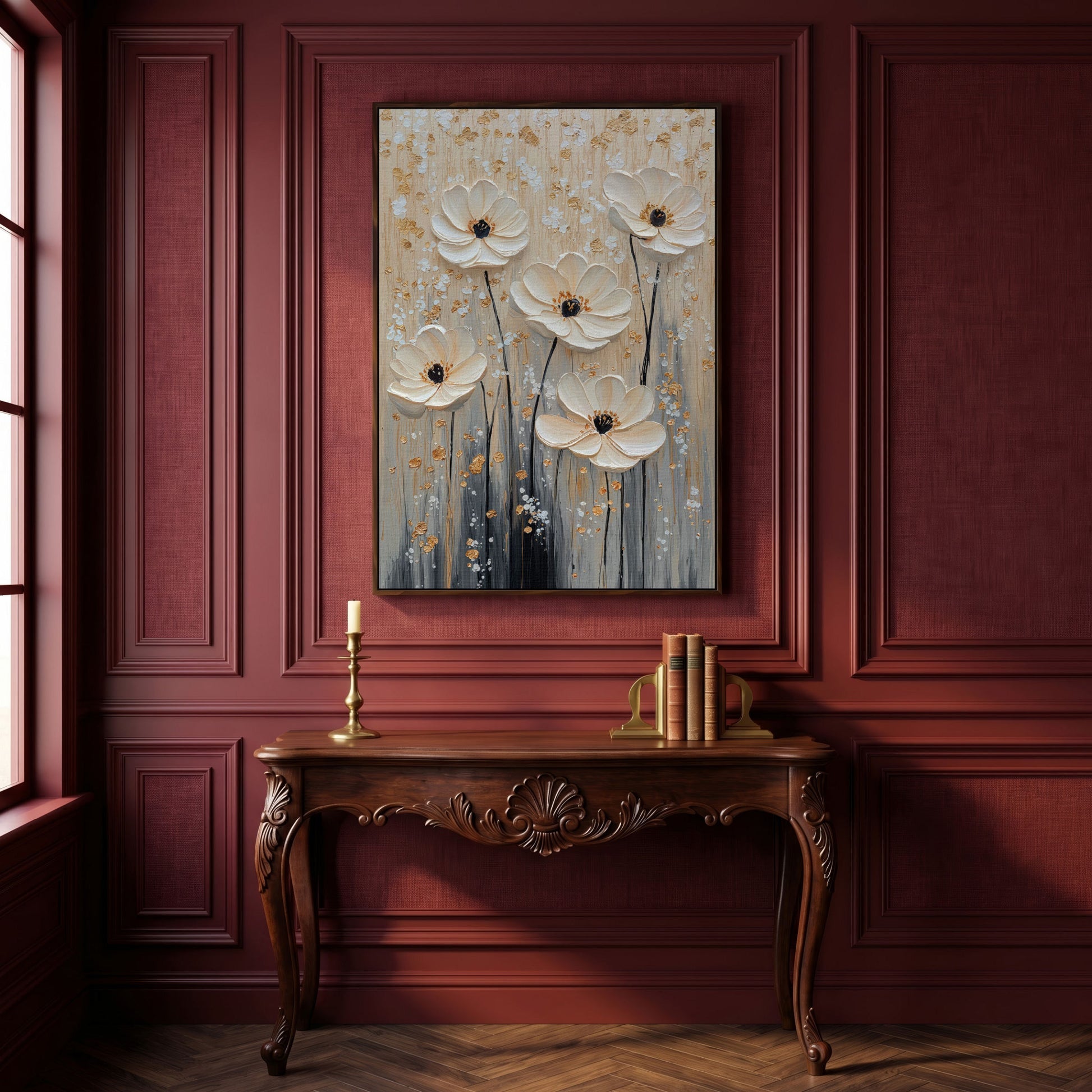 Five Textured Blooms Floral Art in Beige and Gray canvas in dark walnut floating frame