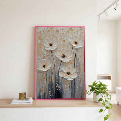 Five Textured Blooms Floral Art in Beige and Gray canvas in pink floating frame