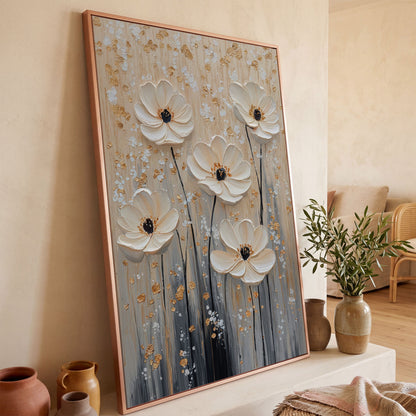 Five Textured Blooms Floral Art in Beige and Gray canvas in rose gold floating frame