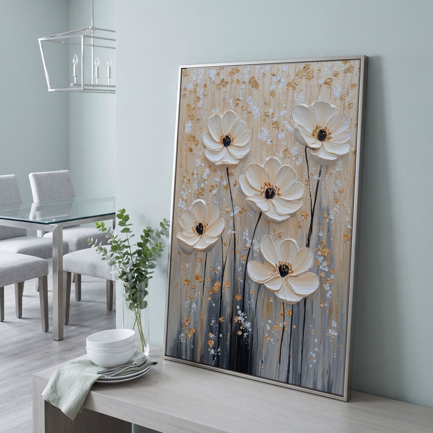 Five Textured Blooms Floral Art in Beige and Gray canvas in silver floating frame