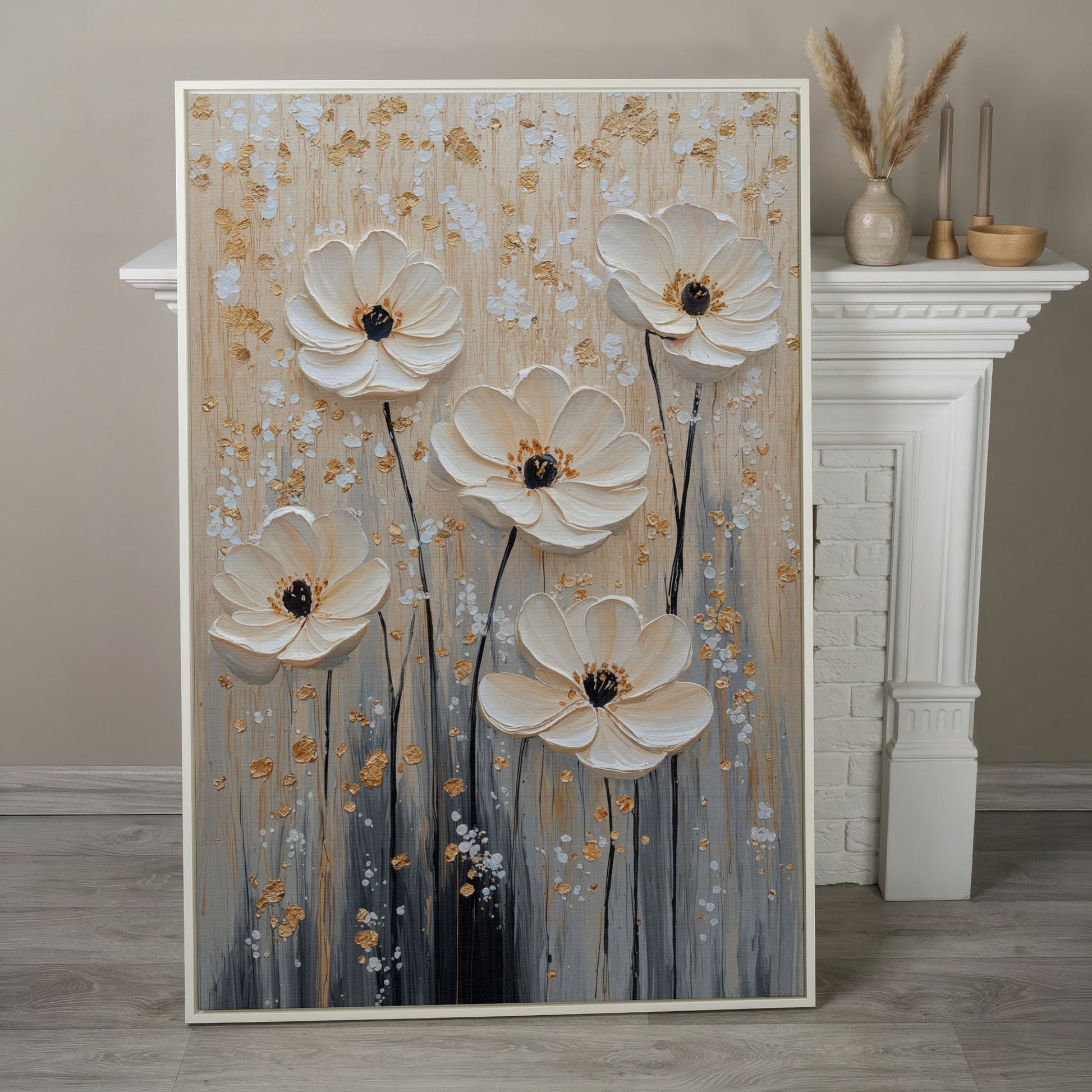 Five Textured Blooms Floral Art in Beige and Gray canvas in white floating frame