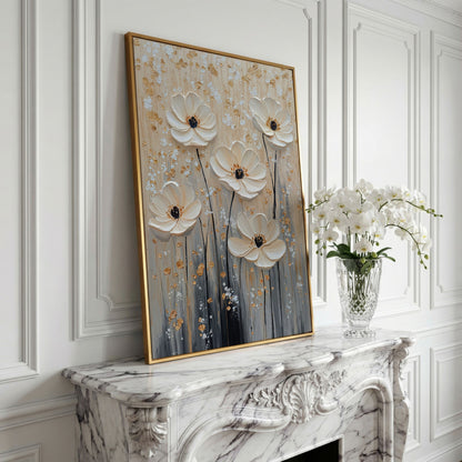 Five Textured Blooms Floral Art in Beige and Gray canvas in yellow gold floating frame