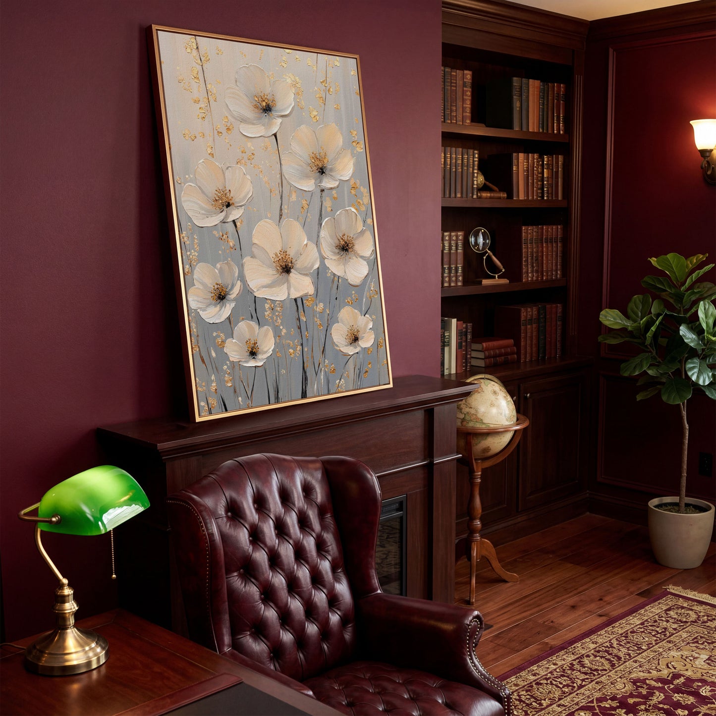 Large Floral Canvas Art with Gold Accents, Cream and Gray Tones in antique gold floating frame