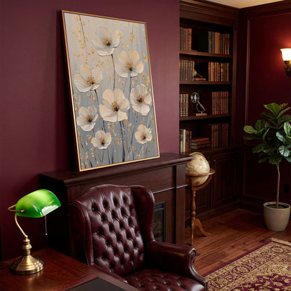 Large Floral Canvas Art with Gold Accents, Cream and Gray Tones in antique gold floating frame
