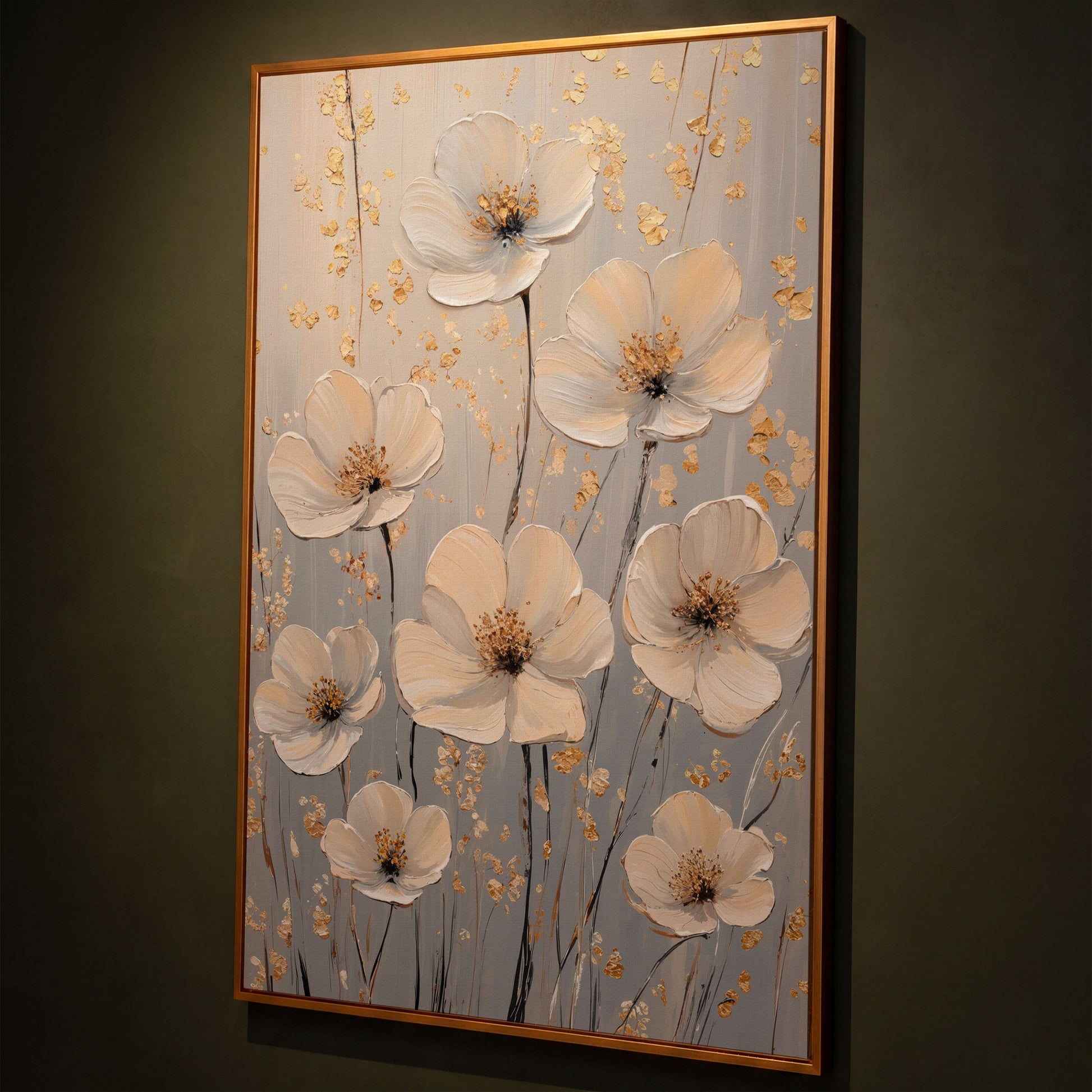 Large Floral Canvas Art with Gold Accents, Cream and Gray Tones shown in antique gold floating frame