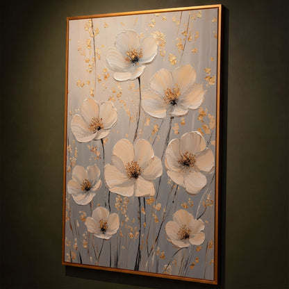Large Floral Canvas Art with Gold Accents, Cream and Gray Tones shown in antique gold floating frame