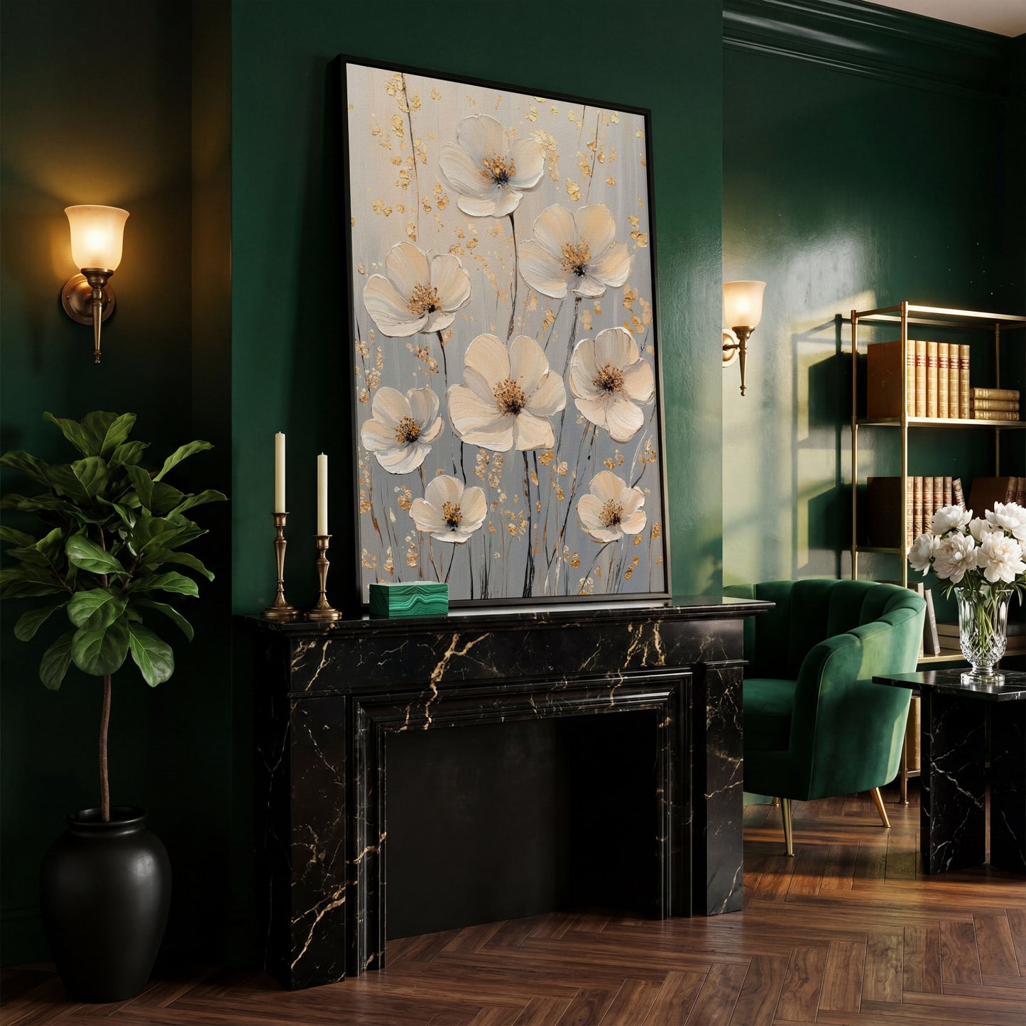 Large Floral Canvas Art with Gold Accents, Cream and Gray Tones in black floating frame