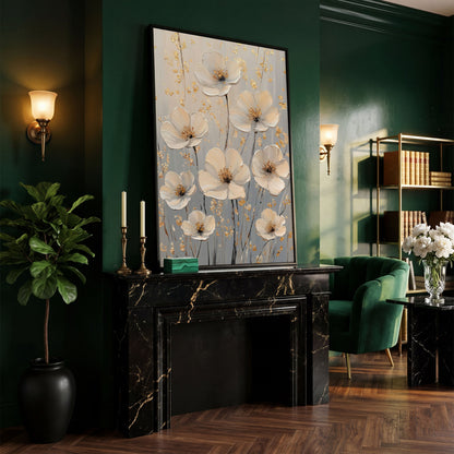 Large Floral Canvas Art with Gold Accents, Cream and Gray Tones in black floating frame