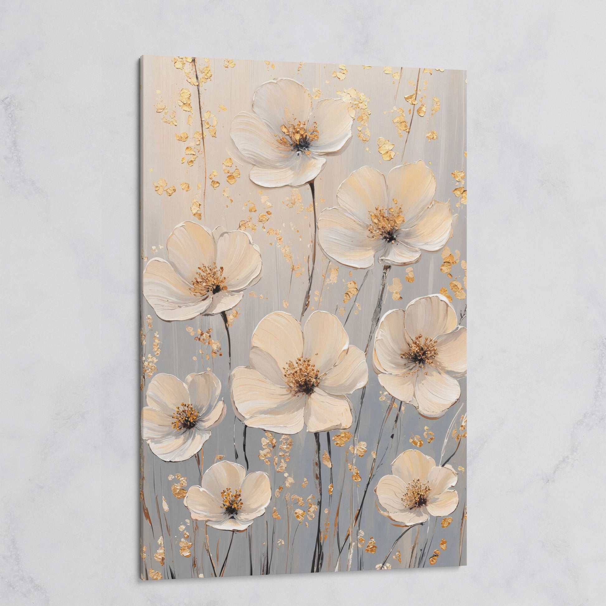 Large Floral Canvas Art with Gold Accents, Cream and Gray Tones on gallery wrap