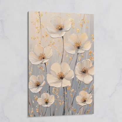 Large Floral Canvas Art with Gold Accents, Cream and Gray Tones on gallery wrap