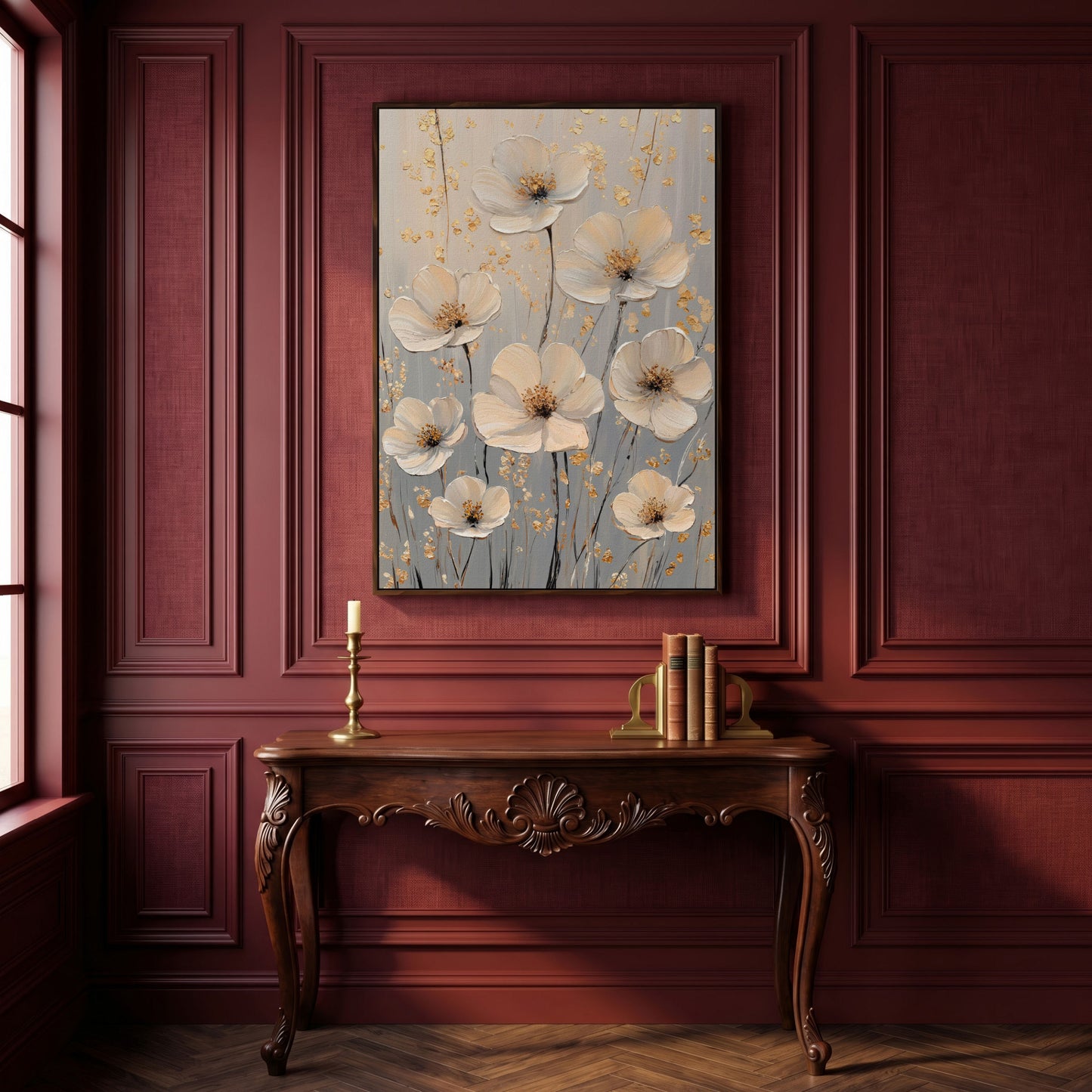 Large Floral Canvas Art with Gold Accents, Cream and Gray Tones in dark walnut floating frame